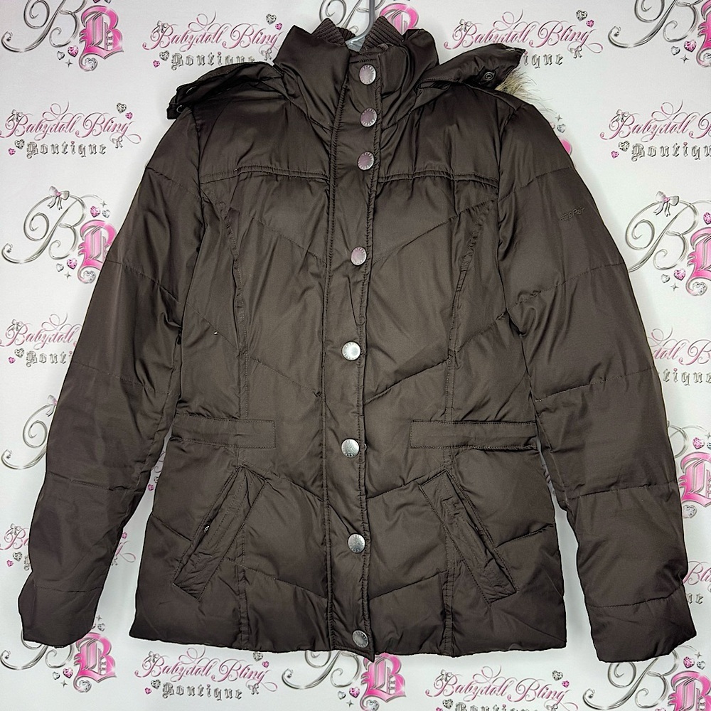 Espirit jacket coat down feather filled brown waist cinch inside button up fur